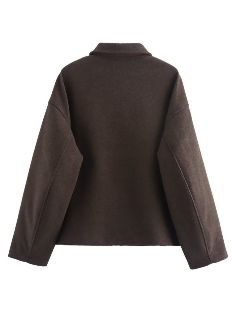 Lapel Zipper Solid Color Simple Oversized Woolen Jacket