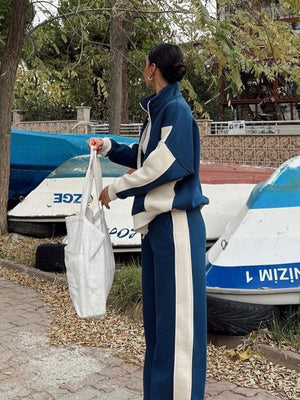 Jackets Casual Trousers Set Retro Contrasting Colors Long Sleeve Zipper Coat Two-piece Trouser Set