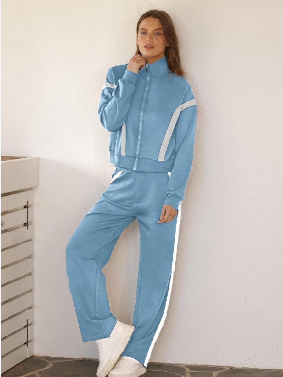 Long Sleeve Coat Stripes Splicing Sports Straight-leg Pants 2-piece Sets