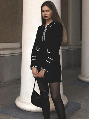 Color-blocked Pitted Wood Ear Edge Lapel Buttons Midi Dresses