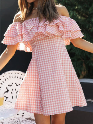 Plaid Off-the-shoulder Ruffled Collar Mini&Short Dresses
