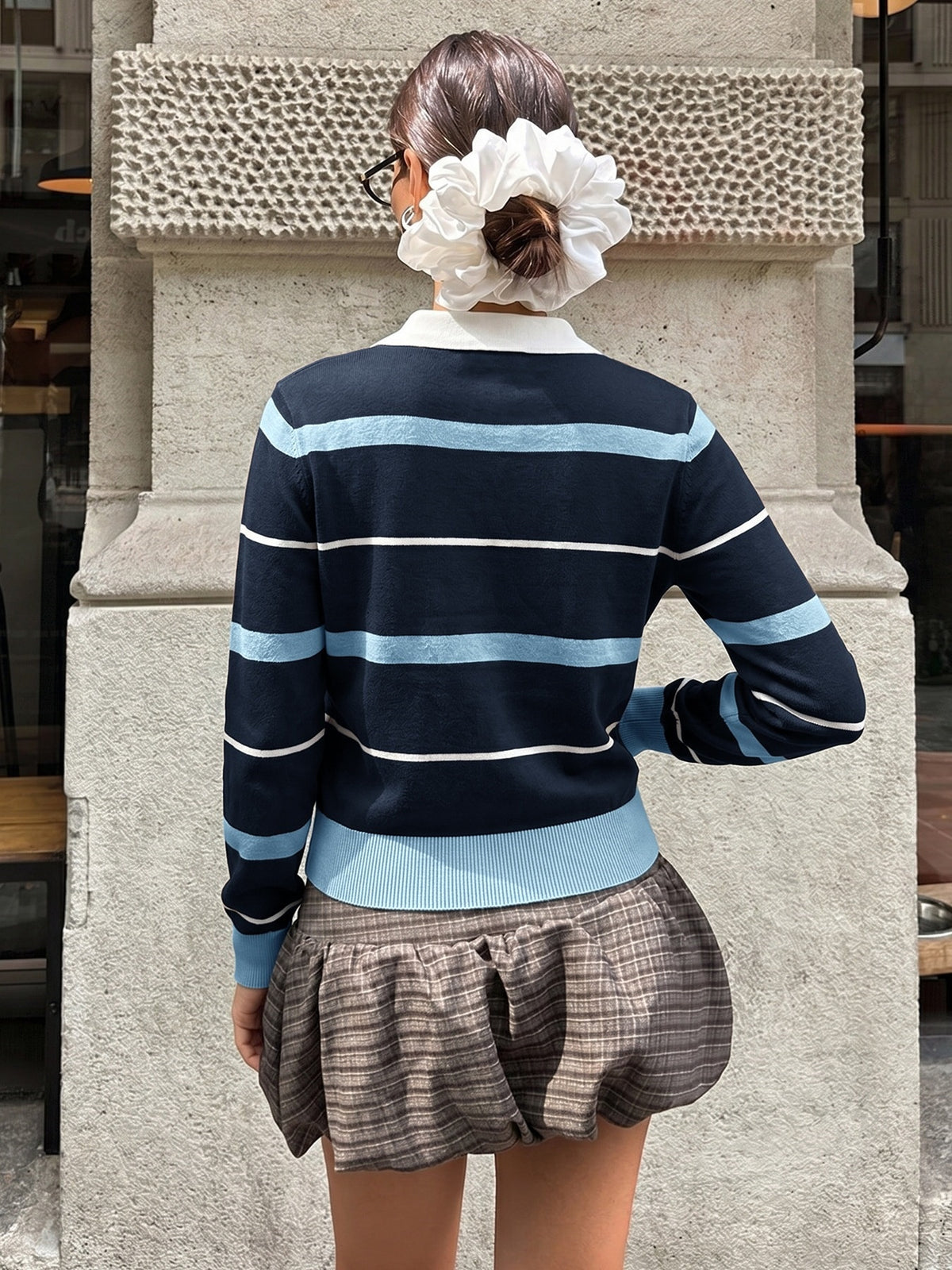 Preppy Style Striped Color-blocked Polo Collar Long-sleeved Fitted Sweater