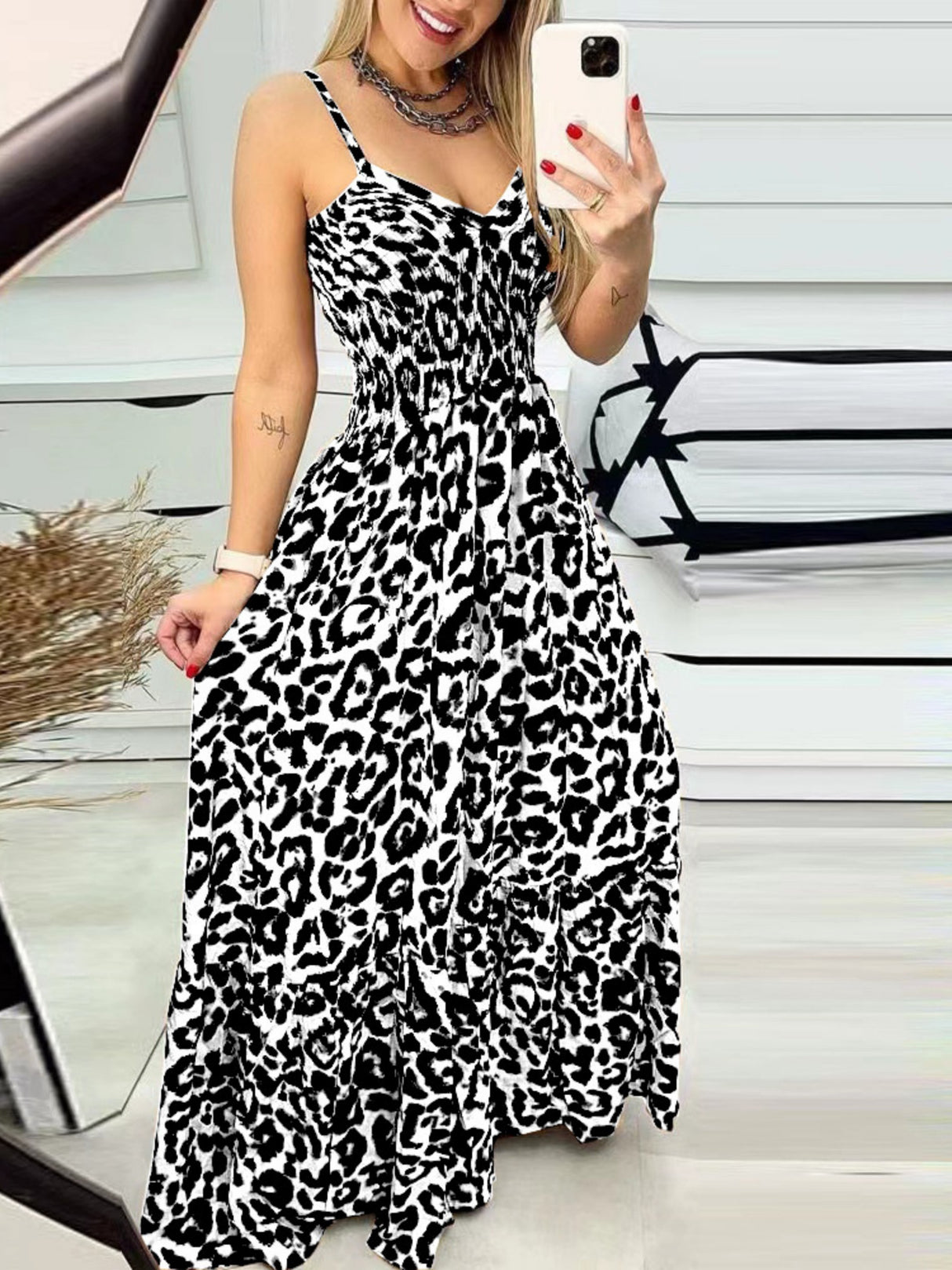 Leopard Print Spaghetti Strap Backless High-waisted And Slimming Maxi Dresses