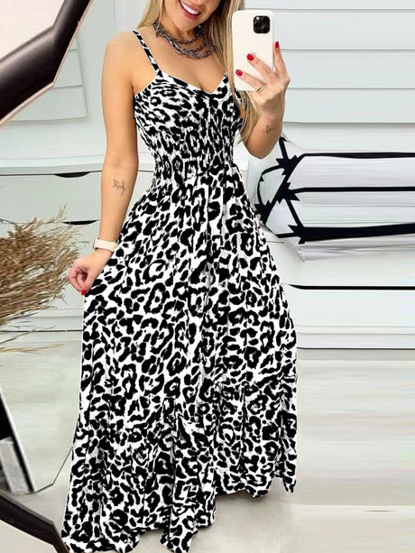 Leopard Print Spaghetti Strap Backless High-waisted And Slimming Maxi Dresses