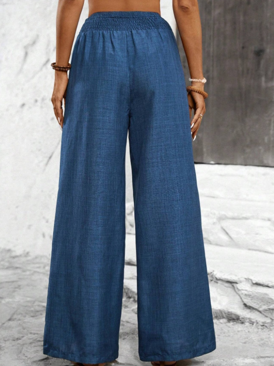 Dark Blue Pleated Waist Loose Wide-leg Straight Trousers