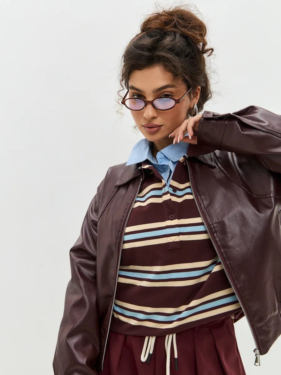 Long-sleeved Striped T-shirt, Polo Collar, Loose-fitting T-shirt