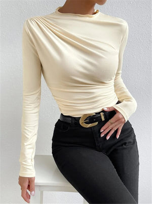 Solid Color Slim Fit Base Layer Versatile Pleated Long-sleeved T-shirt