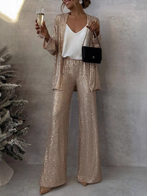 Sequins Small Suit High Waist Casual Straight Leg Pants 2-piece Sets