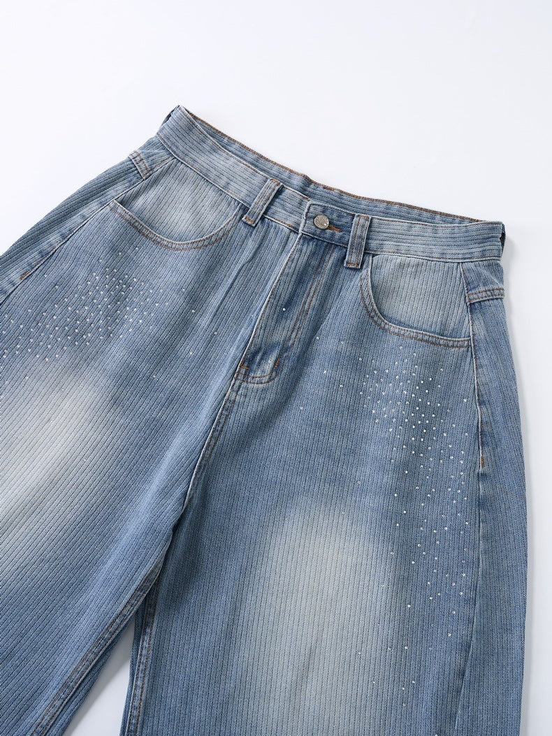 Light Blue Scattered Diamonds Washed Distressed Denim 7 Points Shorts