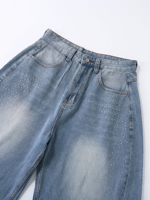 Light Blue Scattered Diamonds Washed Distressed Denim 7 Points Shorts
