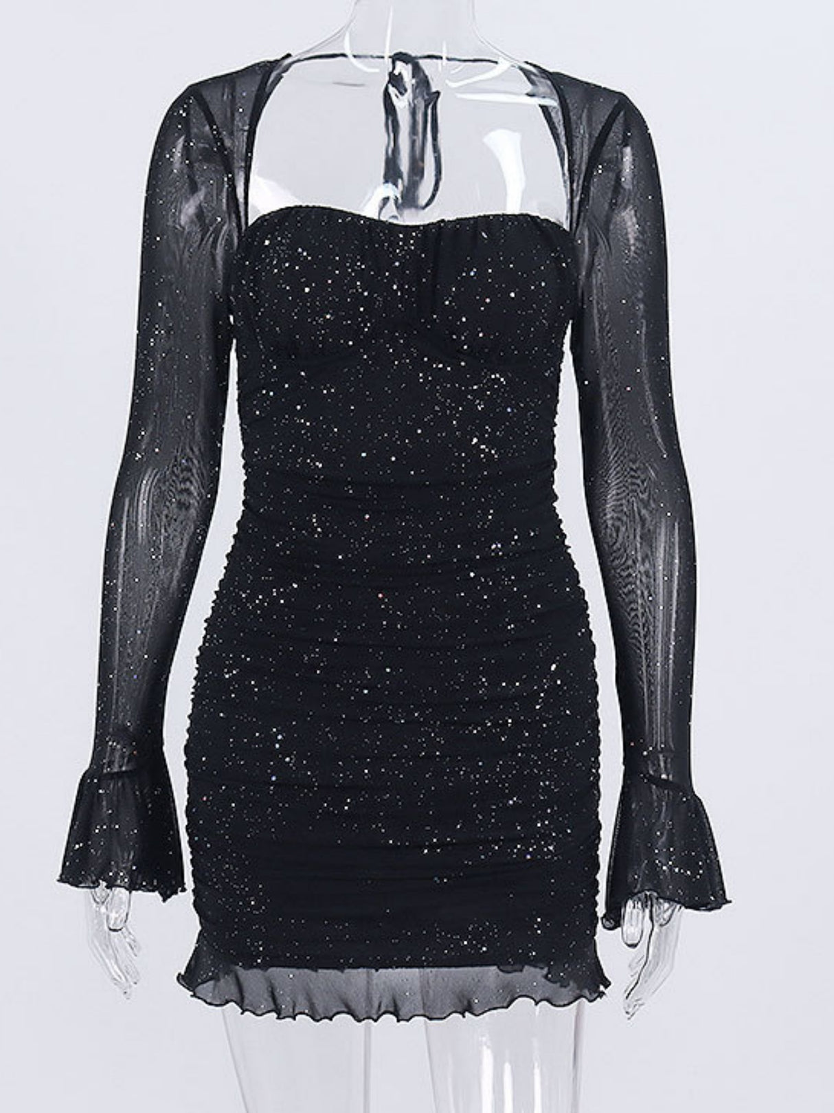 Sequins Mesh See-through Square Neckline And Open Back Steel Ring Mini&Short Dresses