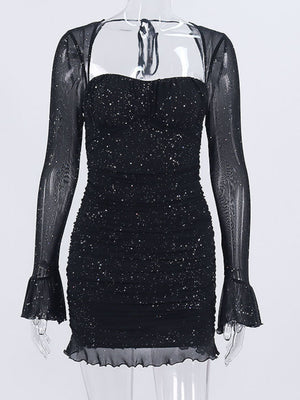 Sequins Mesh See-through Square Neckline And Open Back Steel Ring Mini&Short Dresses