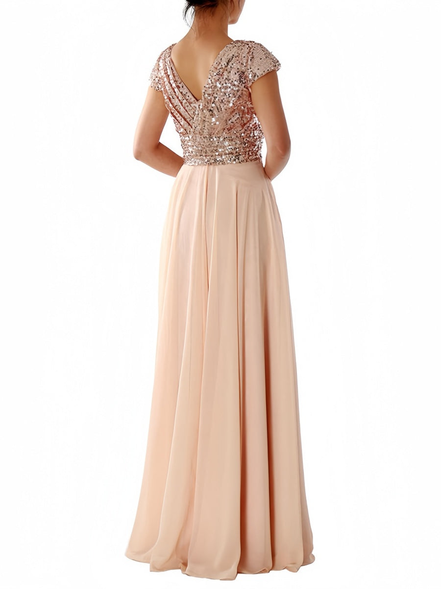 V-neck Sequins Spliced Long Dress