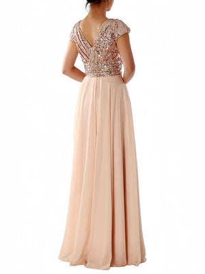 V-neck Sequins Spliced Long Dress