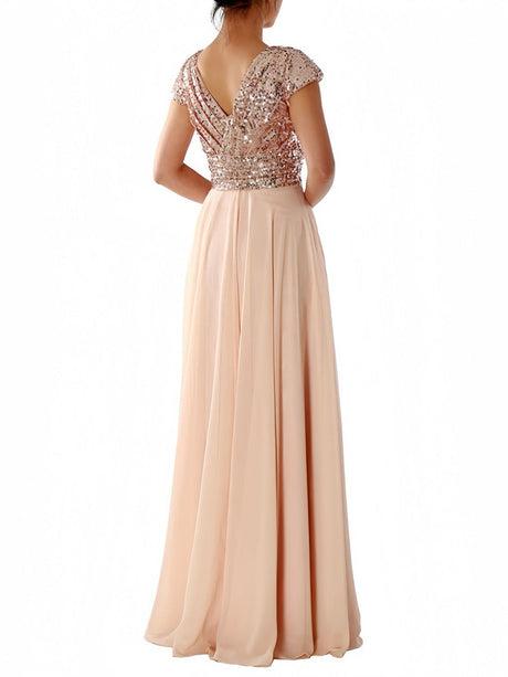 V-neck Sequins Spliced Long Dress