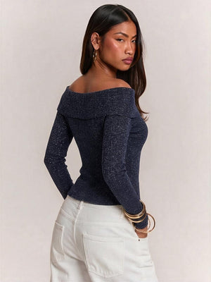 Sequined Off-shoulder Single-breasted Long-sleeved Knit Cardigan With Turned-up Hem