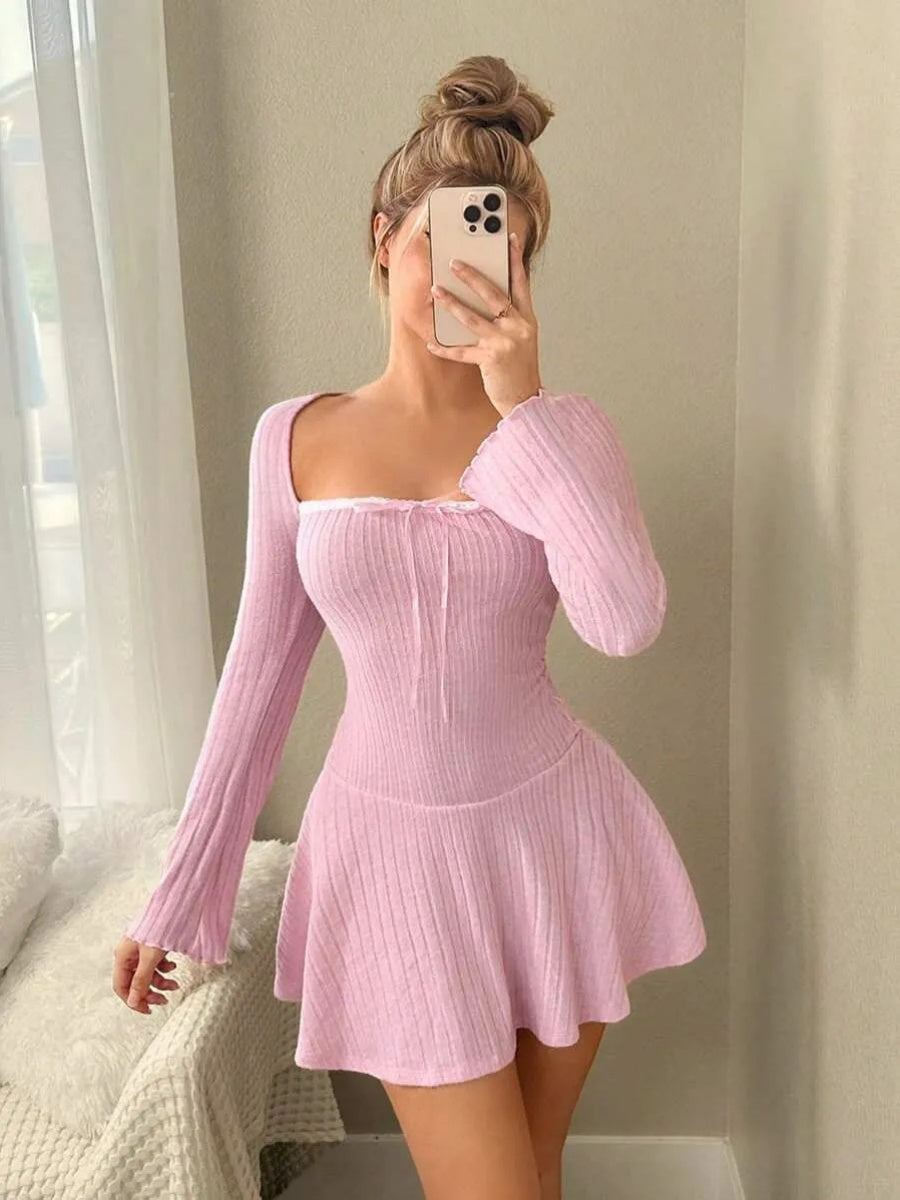 Tight-fitting Tie Trim Waist A-line Skirt Soft Fabric Slim Fit Short Dress For Cocktail Party