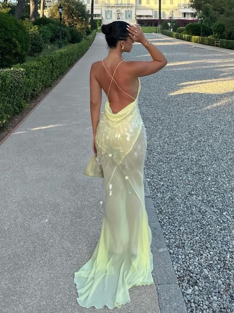 Liber Winter Women's Backless Splicing Deep V-neck Maxi Dresses