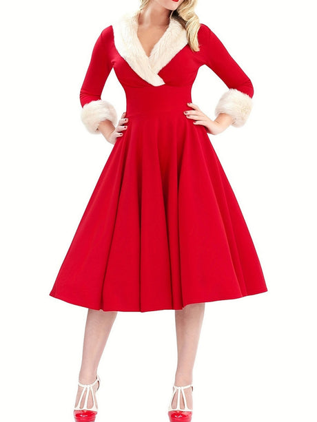 Christmas Plush Splicing Low-cut Self-cultivation Long Sleeves Midi Dresses