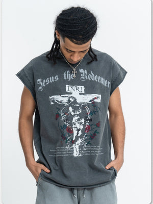 Washed Distressed God Printed Tank Tops