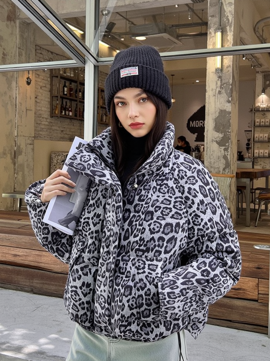 Detachable Pocket Leopard Bread Loose Short Hooded Zippered Cotton Jacket
