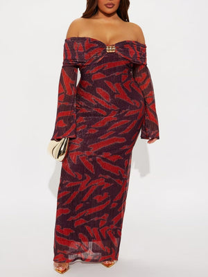Off-the-shoulder Neckline Printed Jacquard Self-cultivation Maxi Dresses
