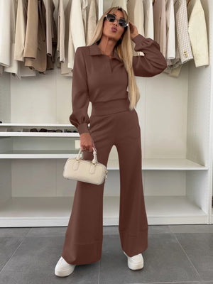 Long-sleeved Collared Top And Elastic Wide-leg Pants Two-piece Set