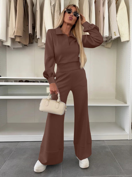 Long-sleeved Collared Top And Elastic Wide-leg Pants Two-piece Set