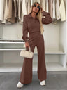 Long-sleeved Collared Top And Elastic Wide-leg Pants Two-piece Set