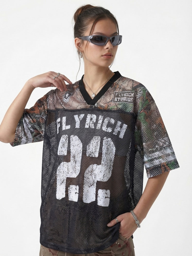 Camouflage Patchwork Baseball Hollow Out Breathable T-shirts