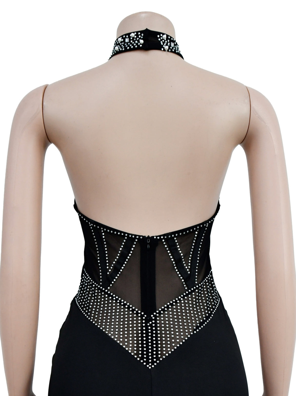 Hot-fix Rhinestones And Bubbles Mesh Splicing Halter Neck Cutout Sleeveless Jumpsuits