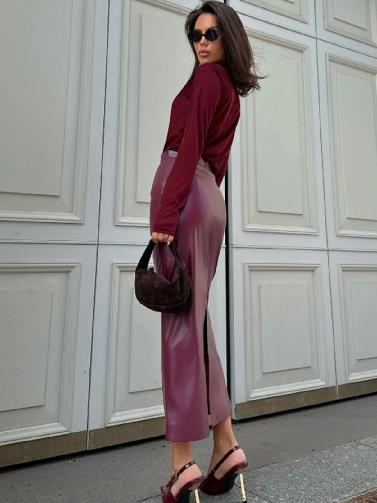 Leather Stitching High-waisted Slim Fit Hip Body Side Slit Long Skirts