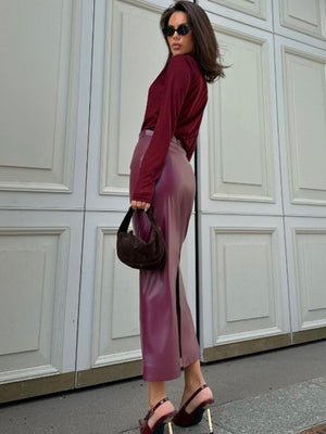 Leather Stitching High-waisted Slim Fit Hip Body Side Slit Long Skirts