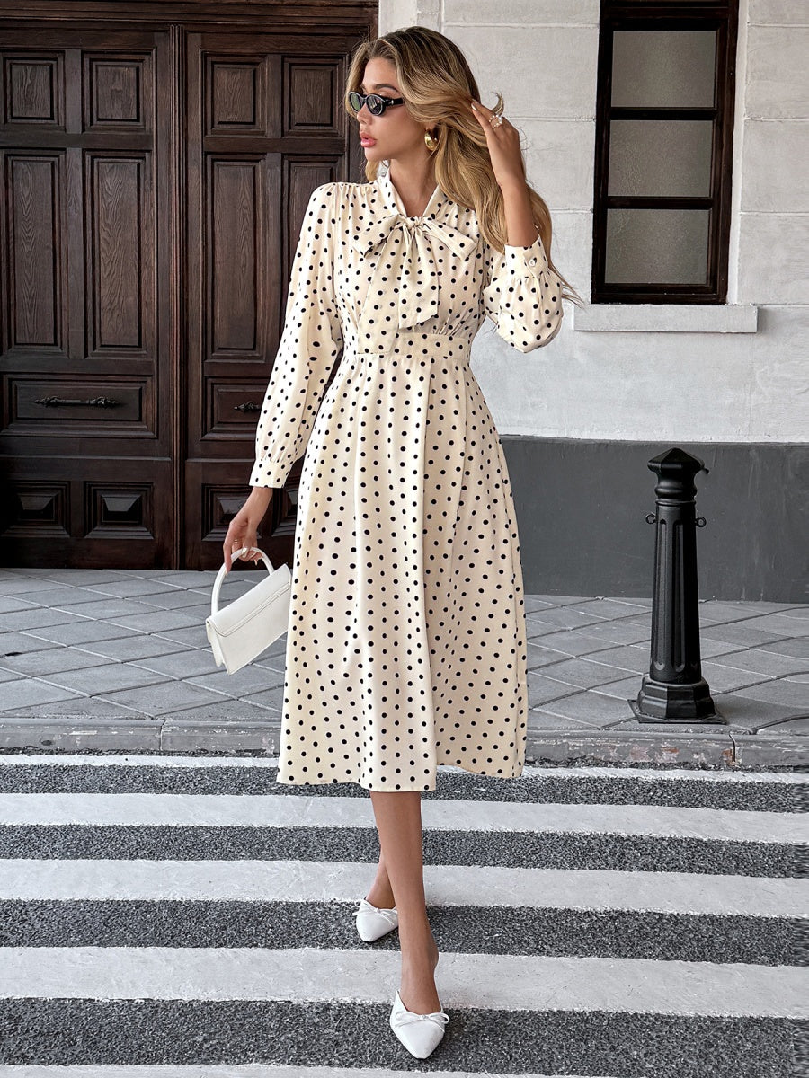 Bow Tie Collar Long Sleeve Waist Polka Dots Midi Dresses