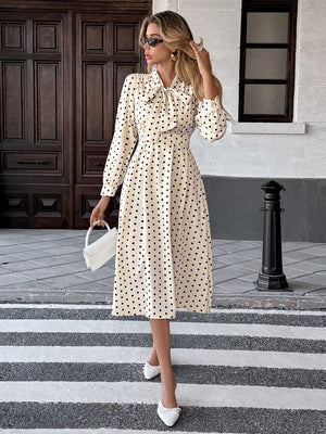 Bow Tie Collar Long Sleeve Waist Polka Dots Midi Dresses