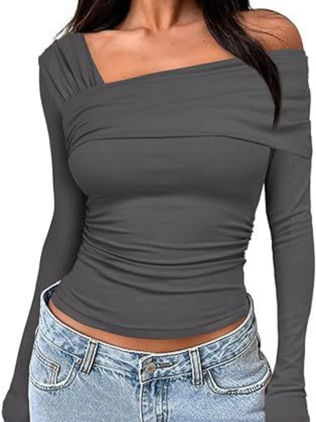 Y2K Pleated Slim Fit One-shoulder Long Sleeve T-shirts