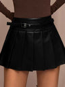 PU High-waisted Belt Decoration Pleated Skirt