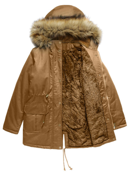 With Fur Collar Fleece Lined Hooded For Warmth Drawstring Pocket Down Jacket