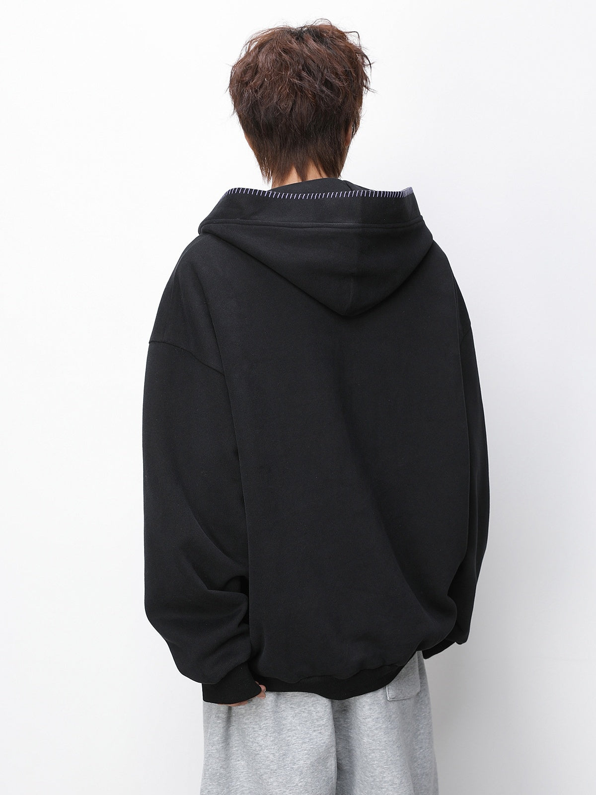 Color-blocked Half-open Collar Hoodie