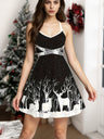 Christmas White Deer Print Suspenders Lace Up Large Skirt Midi Dresses
