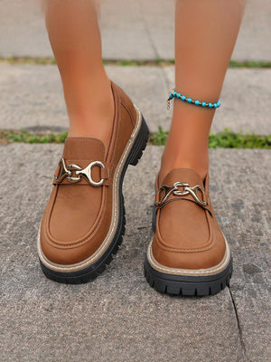 Solid Color Platform Loafers With Metal Buckles