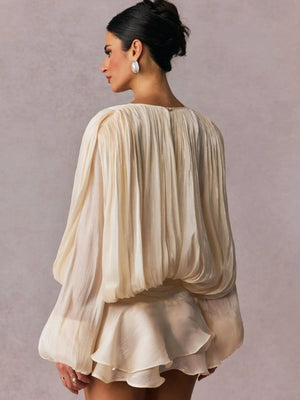 V-neck Straps Crimp Ribbon Wood Ear Solid Color Mini&Short Dresses