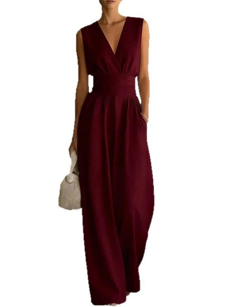 V-neck Waist Wide-leg Pants Sleeveless Temperament Grace Commuting Jumpsuits
