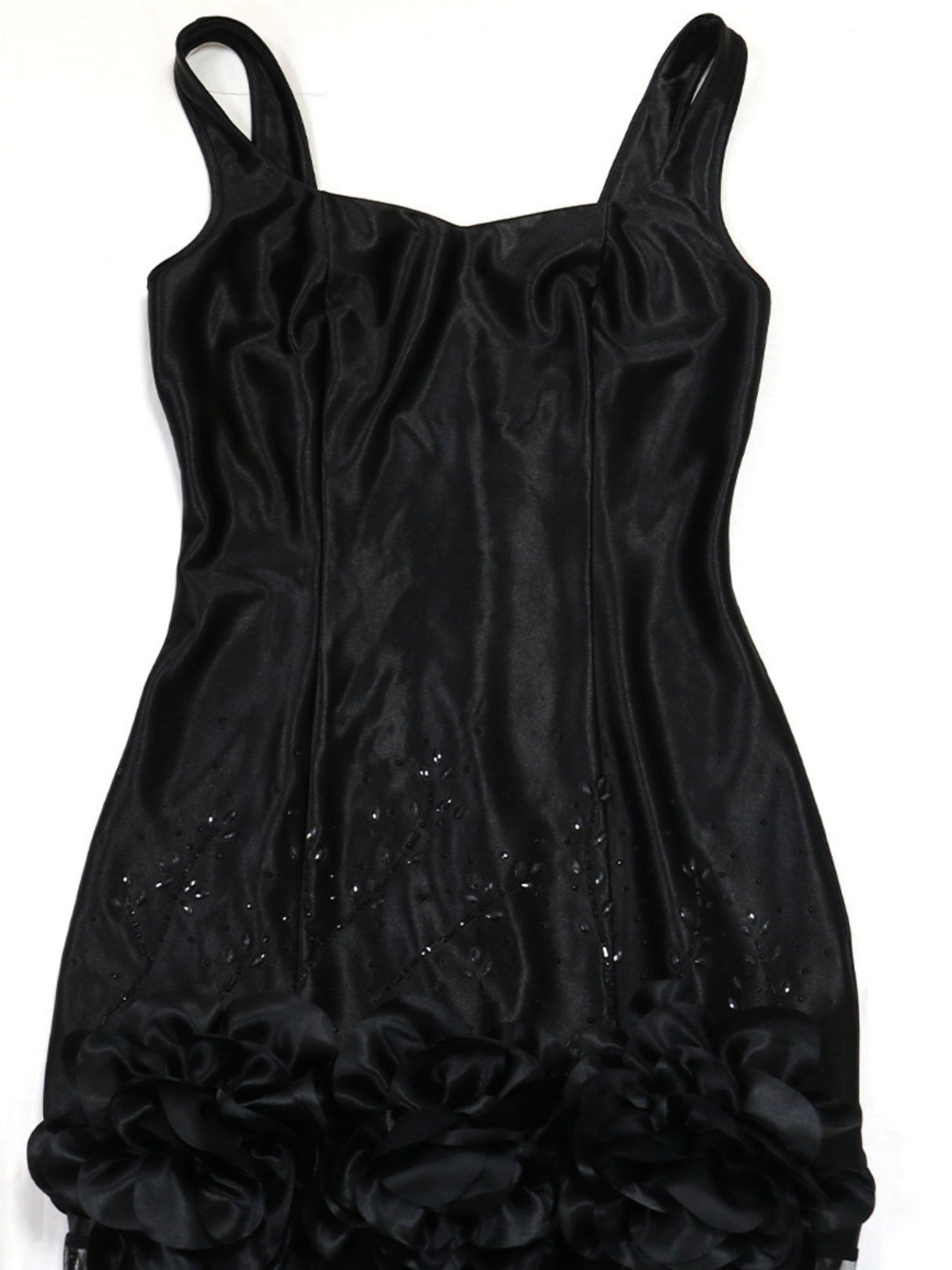 Robe de soirée maxi moulante à bretelles spaghetti et fleurs 3D ornées de strass