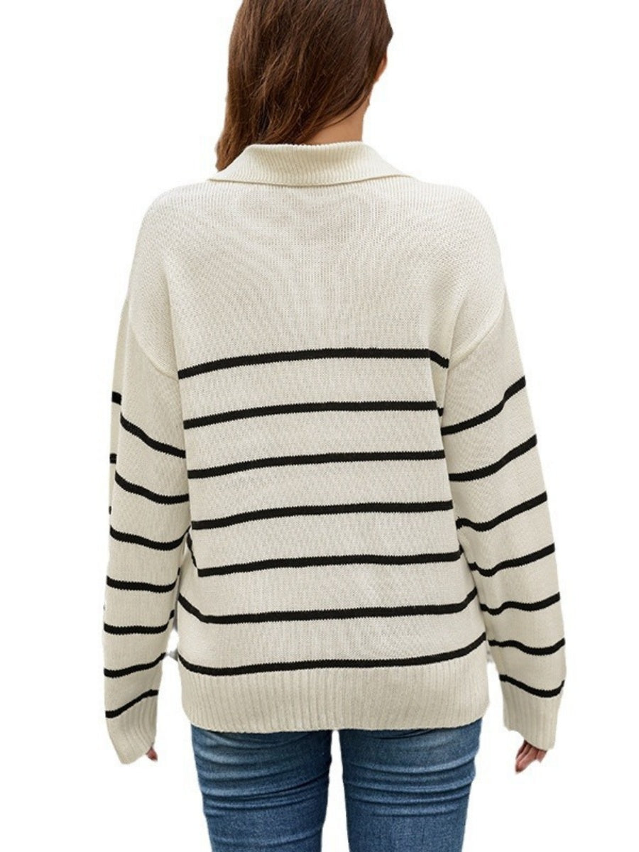 Liber Autumn Women's V-neck Contrasting colors Stripes Jacket Woolen