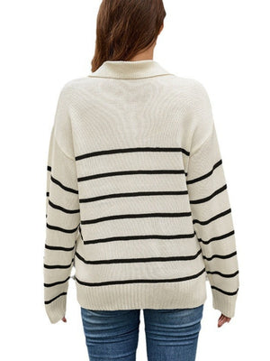 Liber Autumn Women's V-neck Contrasting colors Stripes Jacket Woolen
