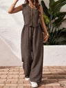 Pleated Solid Color Sleeveless Button Vest Wide-leg Pants 2-piece Sets
