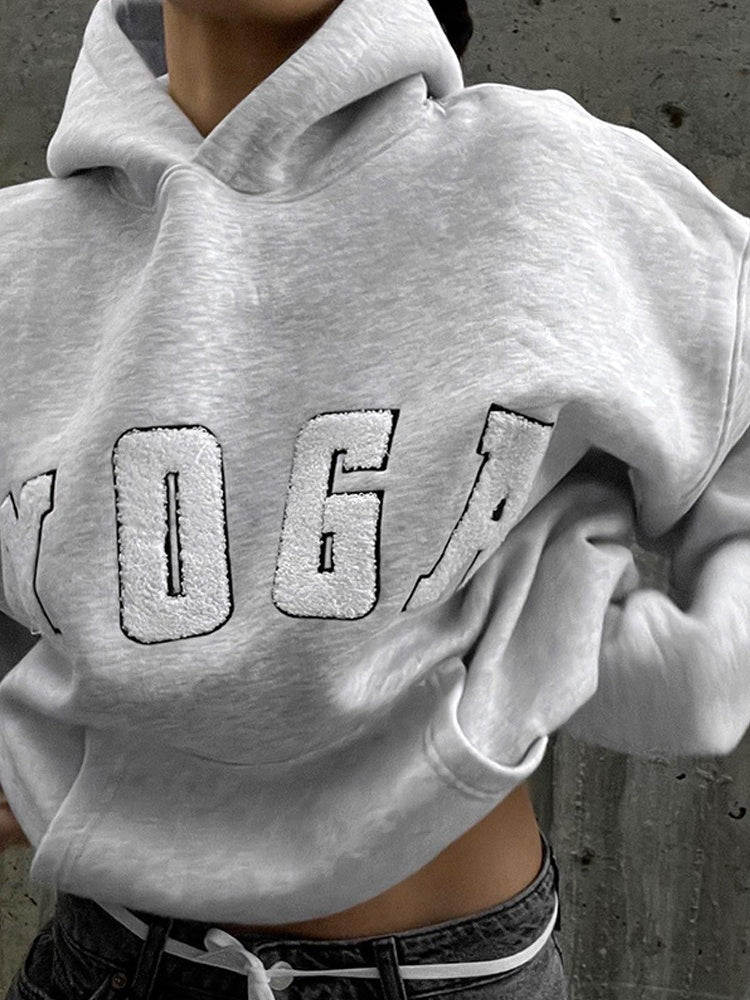 Grey Embroidered YOGA Letter Print Oversized Hooded Sweatshirt