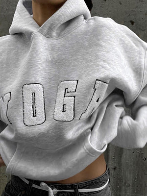 Grey Embroidered YOGA Letter Print Oversized Hooded Sweatshirt