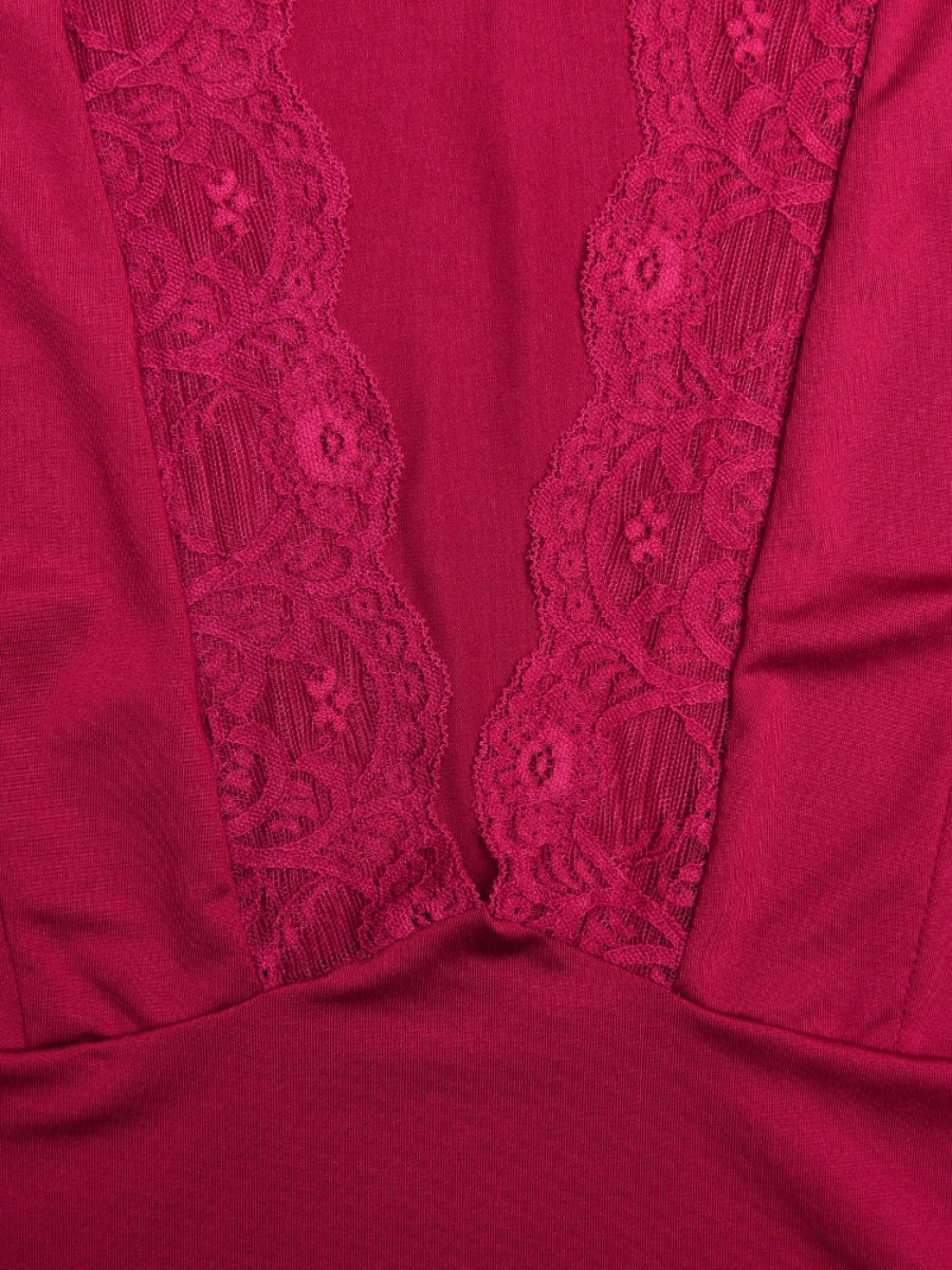 Sexy And Hot Long-sleeved Fitted V-neck Top With Lace Trim